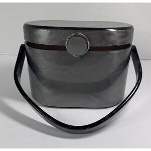 WILARDY VINTAGE 1950s LUCITE PEARLIZED GRAY OVAL HANDBAG PURSE W/ORIG MIRROR